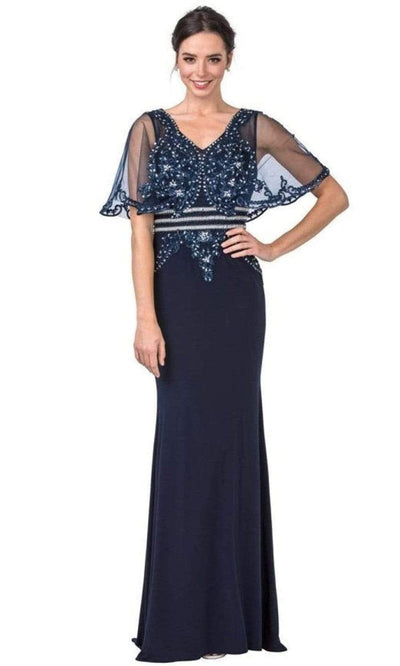 Aspeed Design - M2436 Mesh Sleeve Embellished Column Gown Mother of the Bride Dresses XXS / Navy