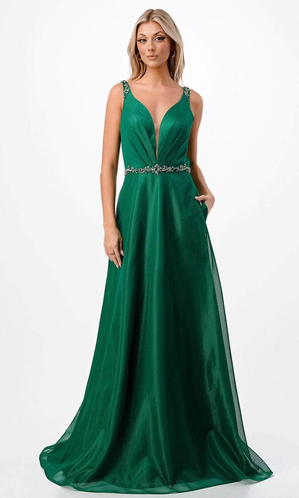 Aspeed Design P2115 - Embellished Tank Straps Evening Dress XS / Emerald