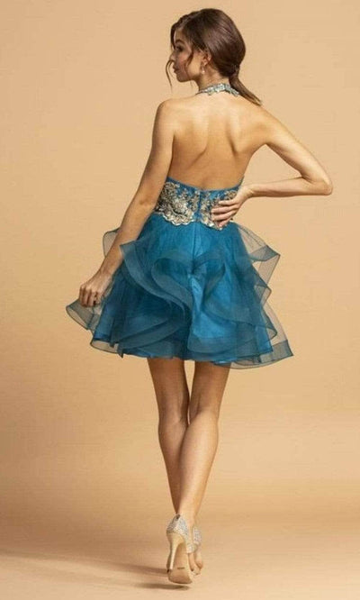 Aspeed Design - S2087 Beaded Applique Halter Cocktail Dress Homecoming Dresses S 