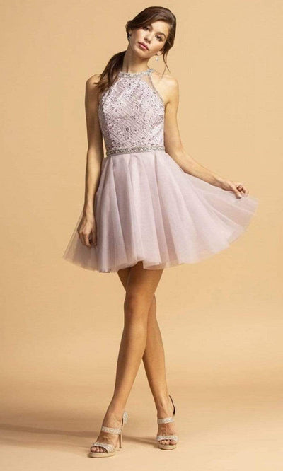 Aspeed Design - S2095 Beaded Halter Tulle Dress Homecoming Dresses XXS / Mauve