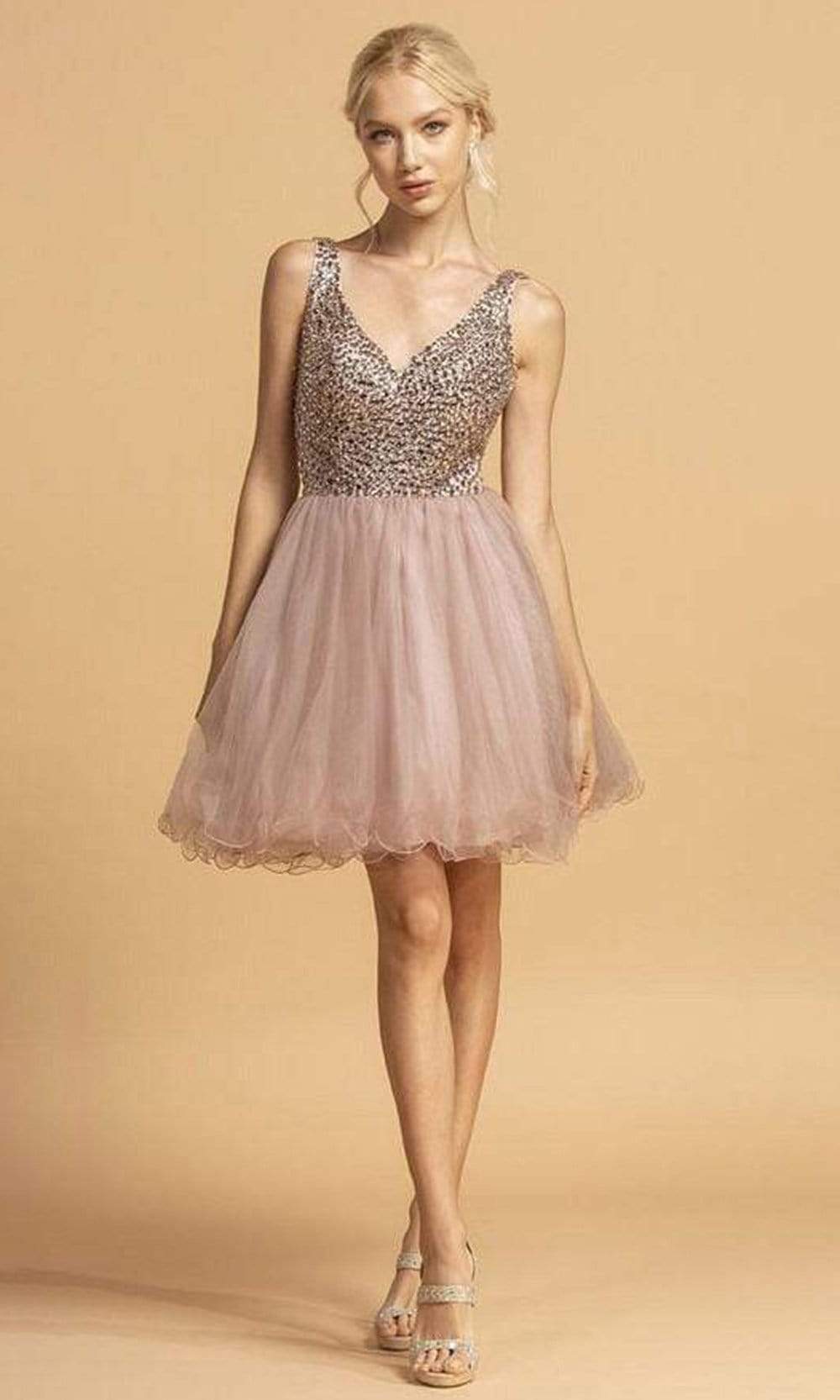 Aspeed Design - S2114 Crystal Beaded Short Tulle Dress Homecoming Dresses XXS / Mauve