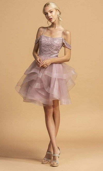 Aspeed Design - S2118 Scallop Motif Cold Shoulder Dress Homecoming Dresses XXS / Mauve