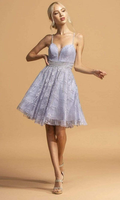 Aspeed Design - S2121 Beaded Crisscross Back Lace Dress Homecoming Dresses XXS / Pewter