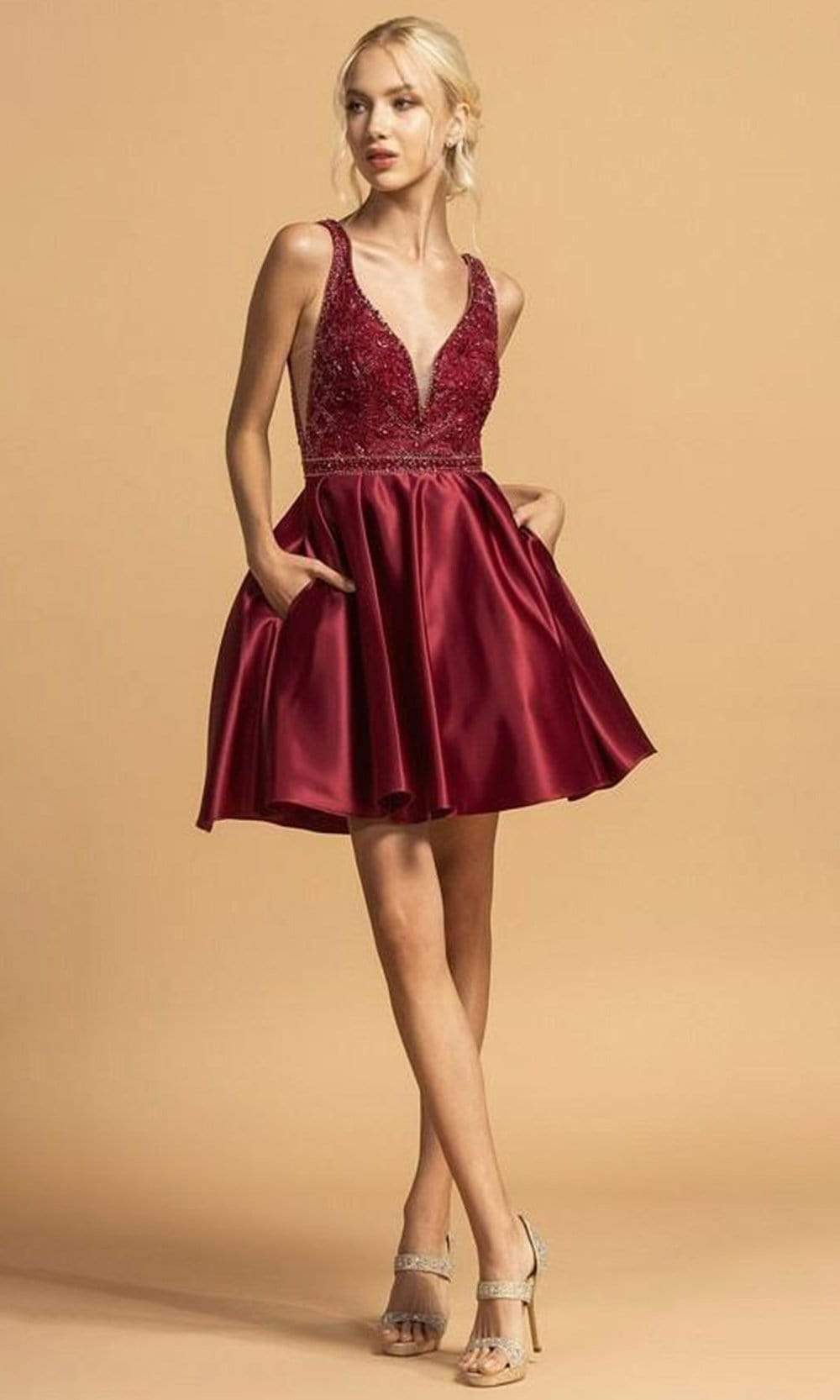 Aspeed Design - S2139 Ornate Sleeveless Satin Short Dress Homecoming Dresses XXS / Burgundy