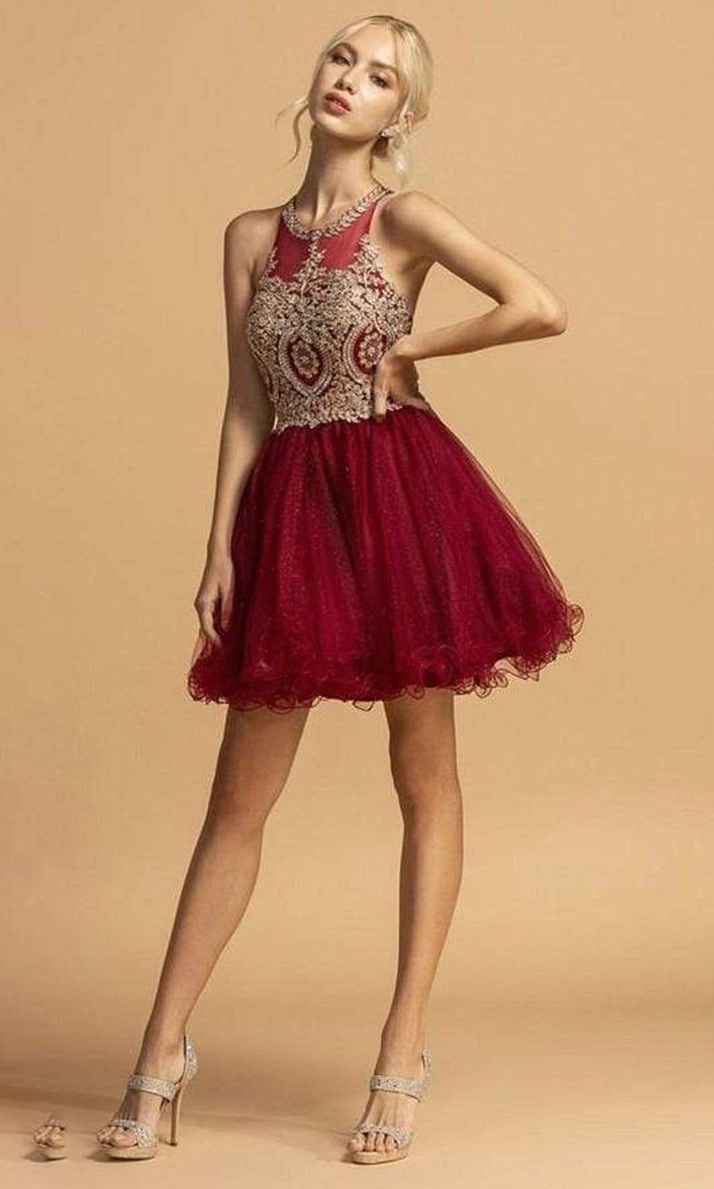 Aspeed Design - S2223 Gilt Lace Applique A-Line Dress Homecoming Dresses XXS / Burgundy