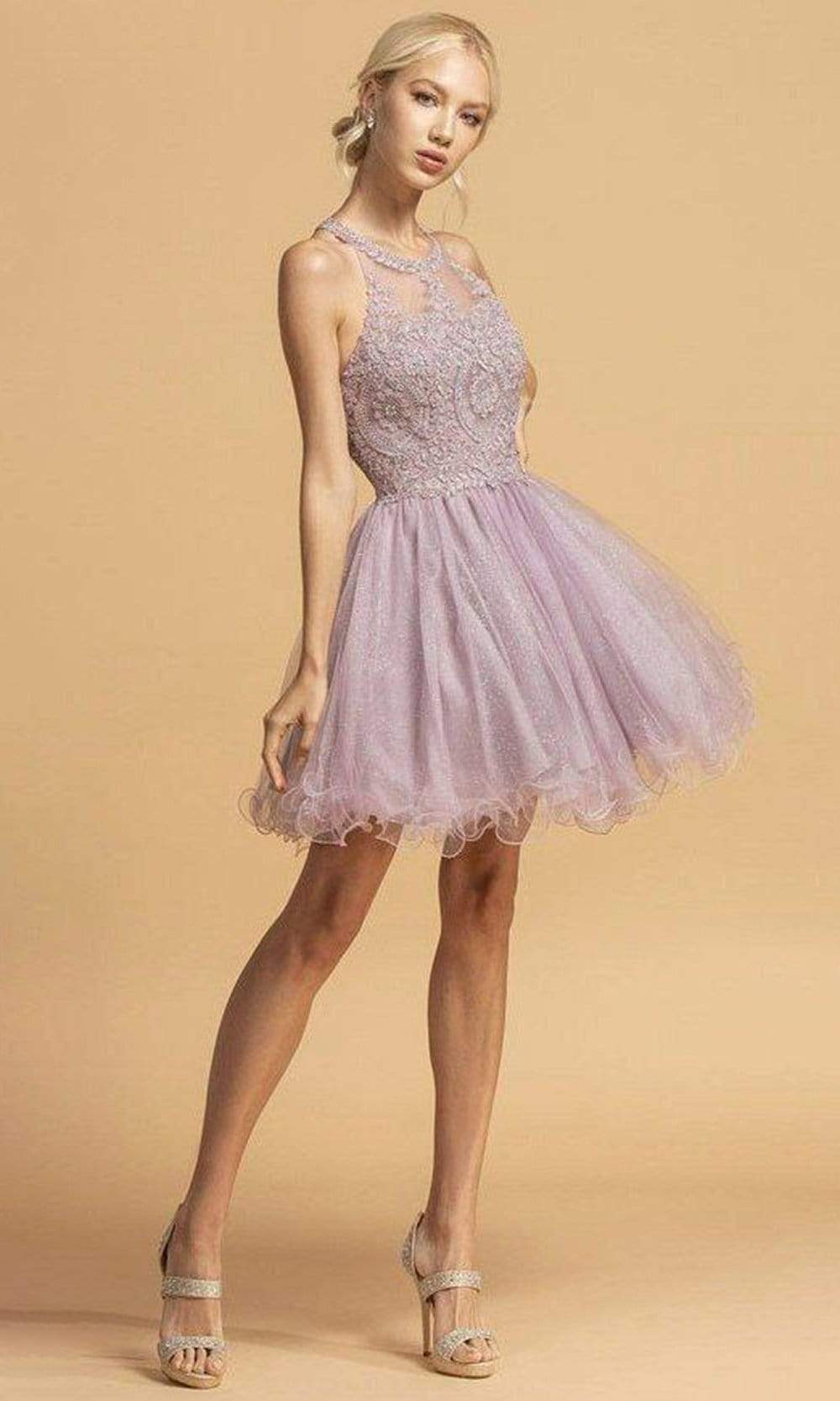 Aspeed Design - S2223 Gilt Lace Applique A-Line Dress Homecoming Dresses XXS / Mauve