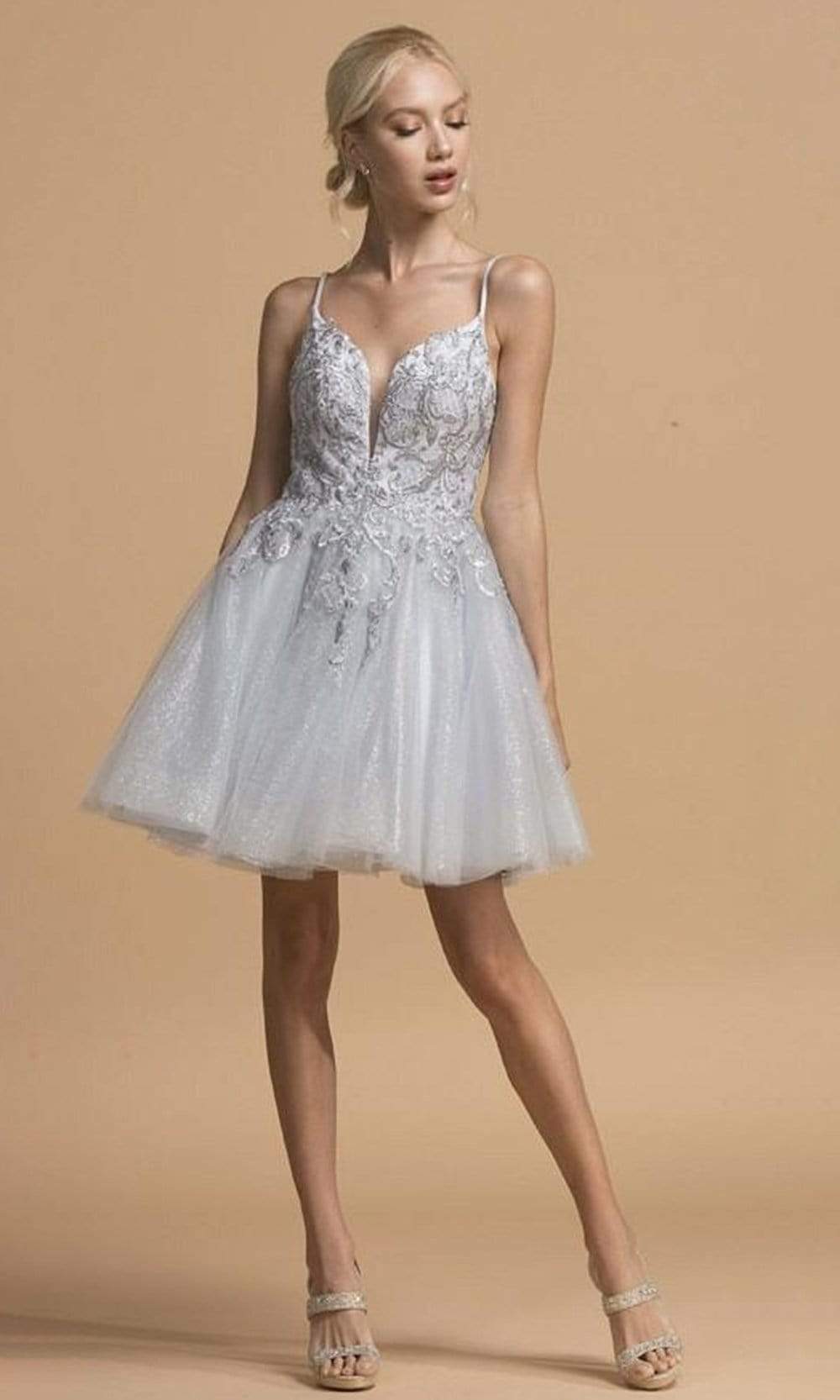Aspeed Design - S2257 Spaghetti Strap Embroidered A-Line Dress Homecoming Dresses XXS / Silver
