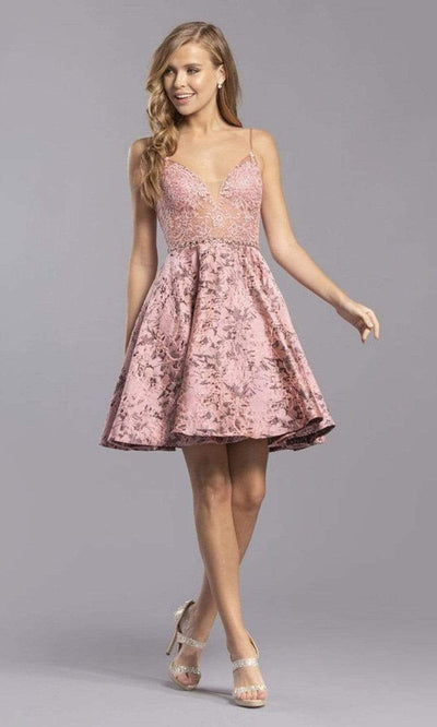 Aspeed Design - S2277 Plunging V-Neck A-Line Cocktail Dress Homecoming Dresses XXS / Pink