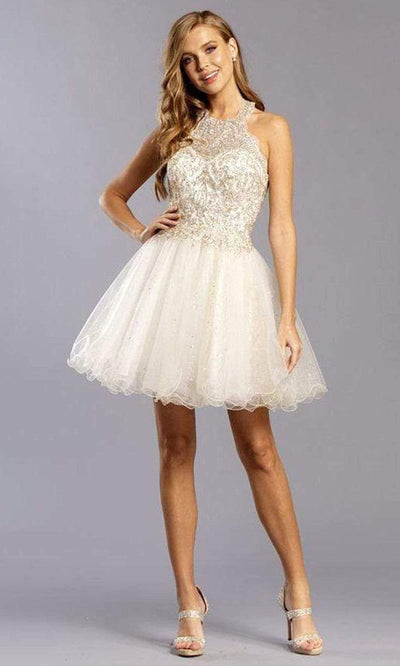Aspeed Design - S2282 Scalloped Sheer Halter Short Dress Homecoming Dresses XXS / White Gold