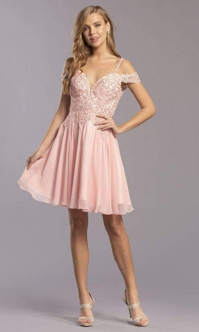 Aspeed Design - S2305 Cold Shoulder Embroidered Short Dress Homecoming Dresses XXS / Blush