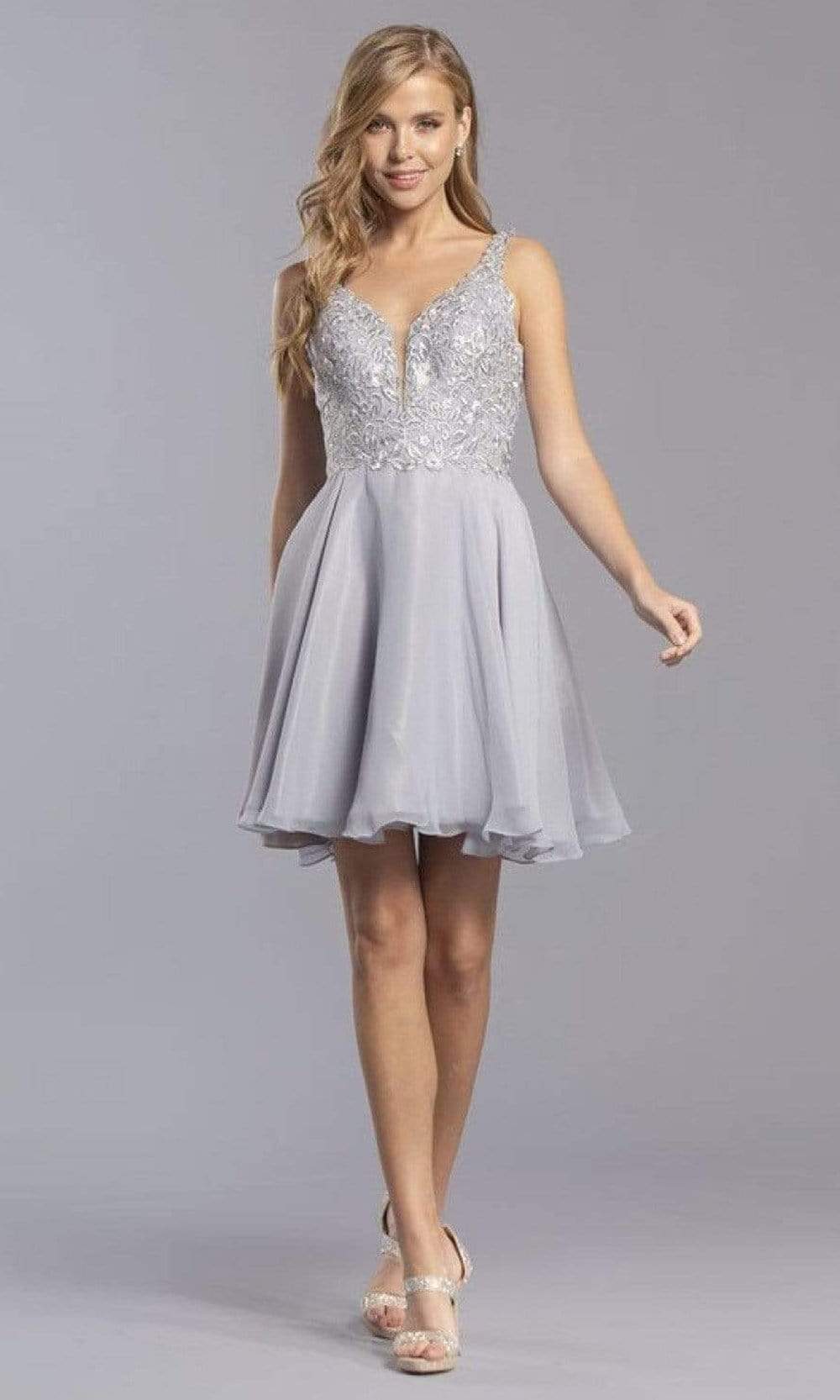 Aspeed Design - S2306 Embroidered Floral A-Line Short Dress Homecoming Dresses XXS / Slate Gray