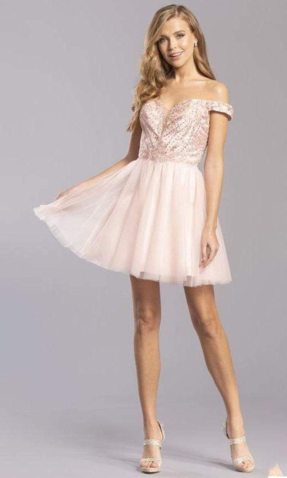 Aspeed Design - S2323 Beaded Off Shoulder Tulle Dress Homecoming Dresses XXS / Blush