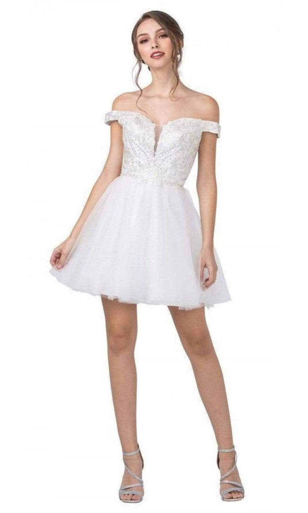 Aspeed Design - S2323 Beaded Off Shoulder Tulle Dress Homecoming Dresses XXS / Off White