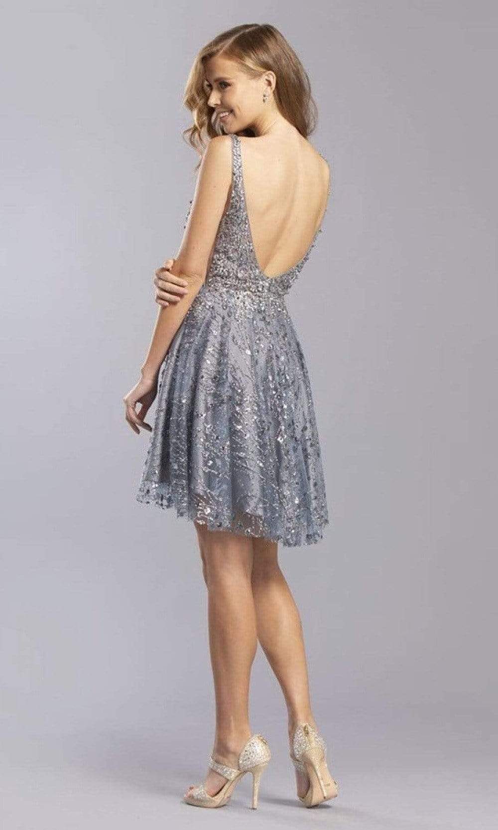 Aspeed Design - S2332 Appliqued Plunging V-Neck A-Line Dress Homecoming Dresses XXS / Charcoal