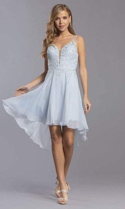 Aspeed Design - S2336 V Neck Embroidered High Low Dress Cocktail Dresses XXS / Sky Blue
