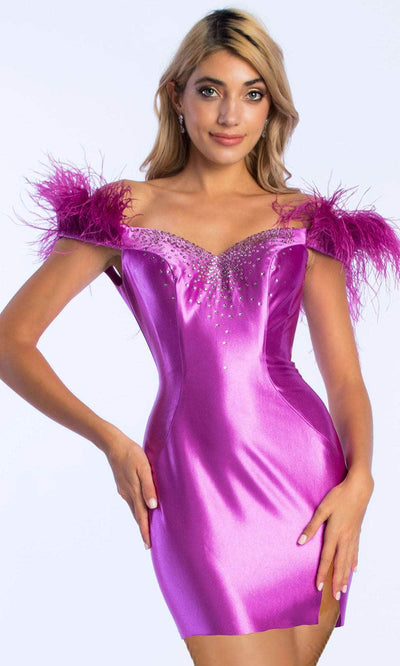 Ava Presley 27833 - Feathered Off Shoulder Cocktail Dress Special Occasion Dresse 00 /  Purple