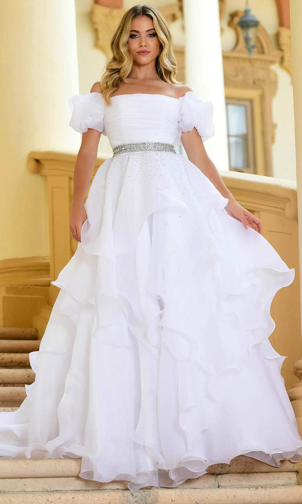 Ava Presley 28571 - Off Shoulder Ruffle Ballgown Special Occasion Dresse 00 /  White