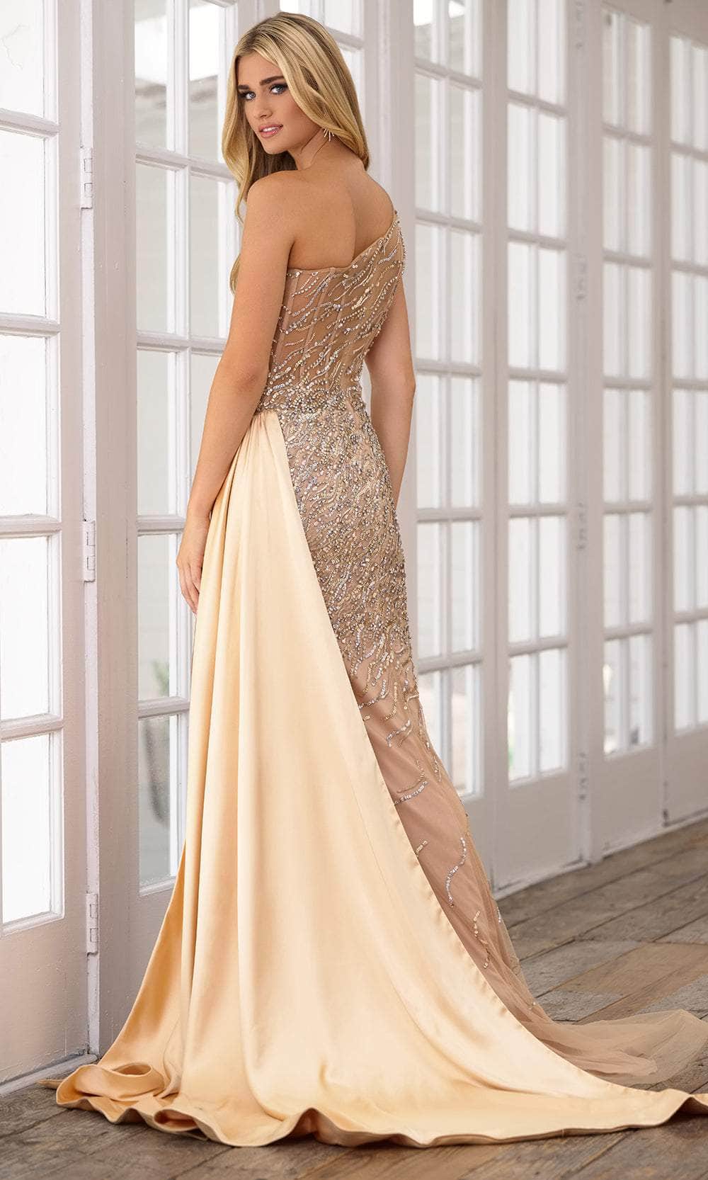 Ava Presley 28589 - Long Sheath Dress - Sequin, One-Sleeve, Corset Bodice, Back Zipper Closure, Slit, Train, Side Skirt ADASA Ava Presley 28589 - Long Sheath Dress - Sequin, One-Sleeve, Corset Bodice, Back Zipper Closure, Slit, Train, Side Skirt ADASA
