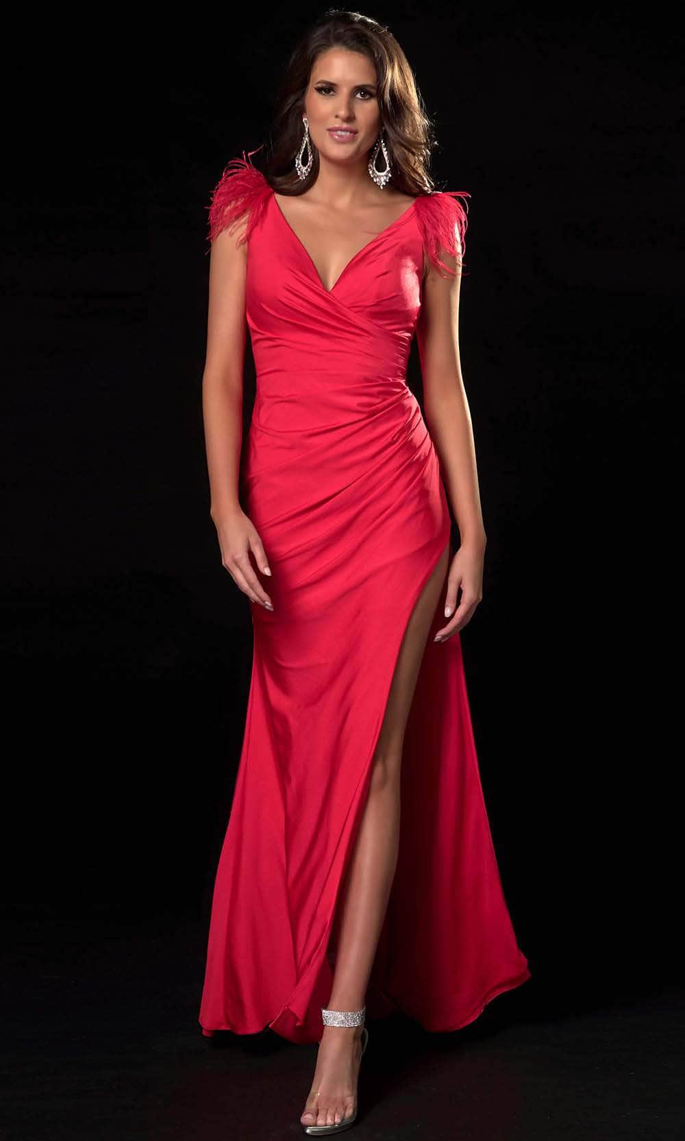Ava Presley 37324 - Feather Strap Prom Dress with Slit Special Occasion Dresse 00 /  Red