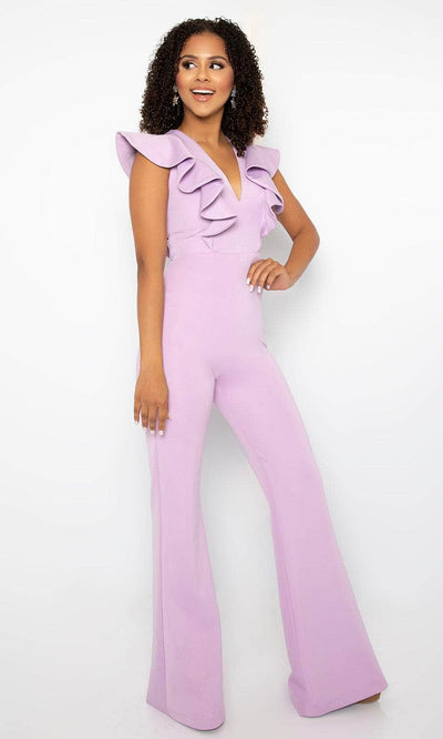 Ava Presley 38553 - V-Neck Ruffle Detailed Jumpsuit Jumpsuit Romper 00 /  Lilac