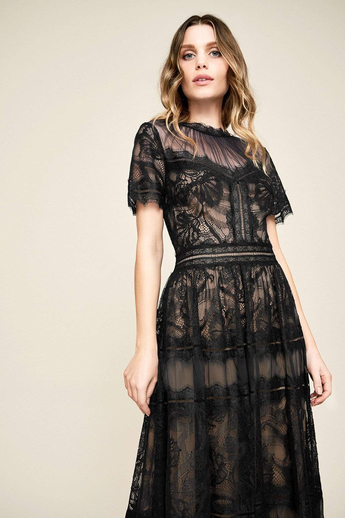Tadashi Shoji - Lace Shirred Jewel Tea Length Dress Special Occasion Dress