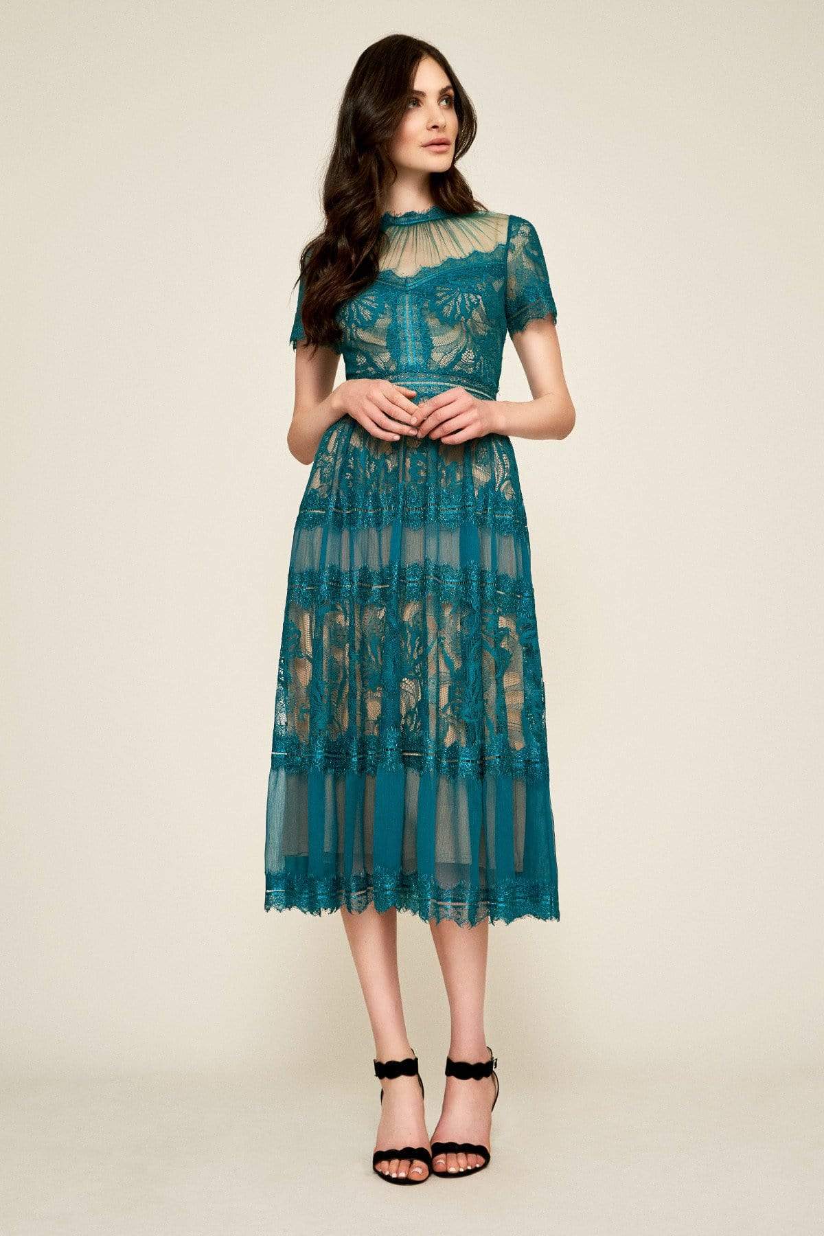 Tadashi Shoji - Lace Shirred Jewel Tea Length Dress Special Occasion Dress