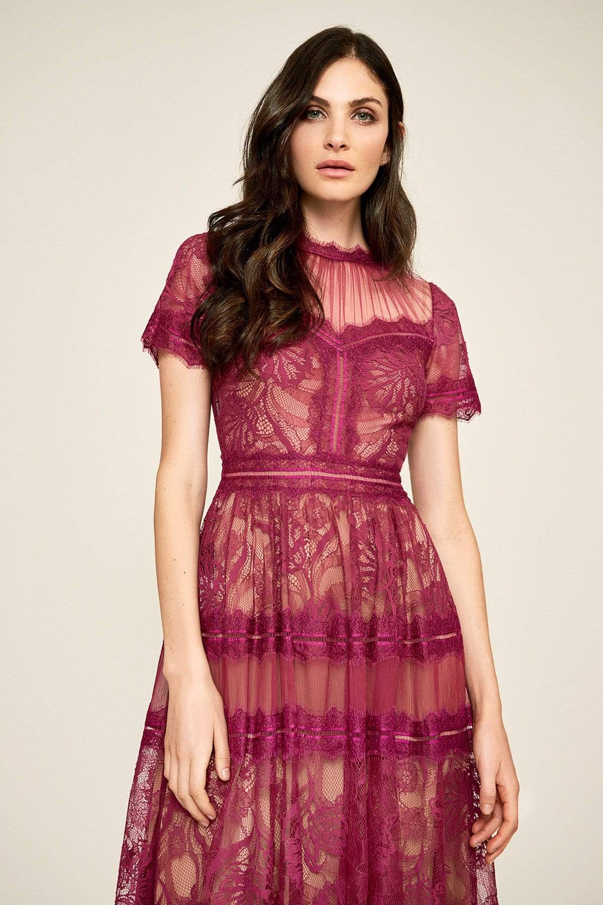 Tadashi Shoji - Lace Shirred Jewel Tea Length Dress Special Occasion Dress
