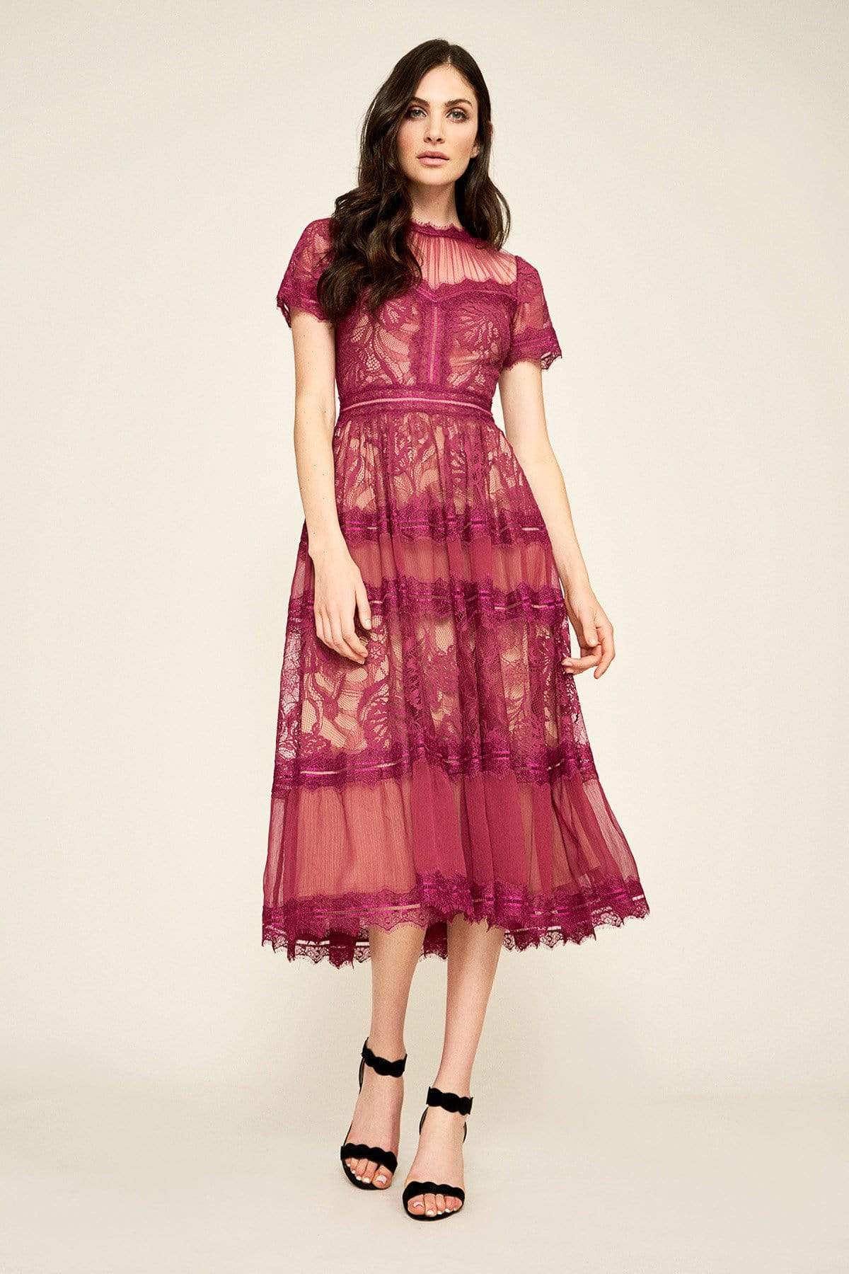 Tadashi Shoji - Lace Shirred Jewel Tea Length Dress Special Occasion Dress 0 / Sangria/Nude