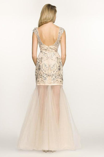 BG Haute - G3223 Sleeveless Sheer Trumpet Dress  in  Champagne (Neutral) and Silver