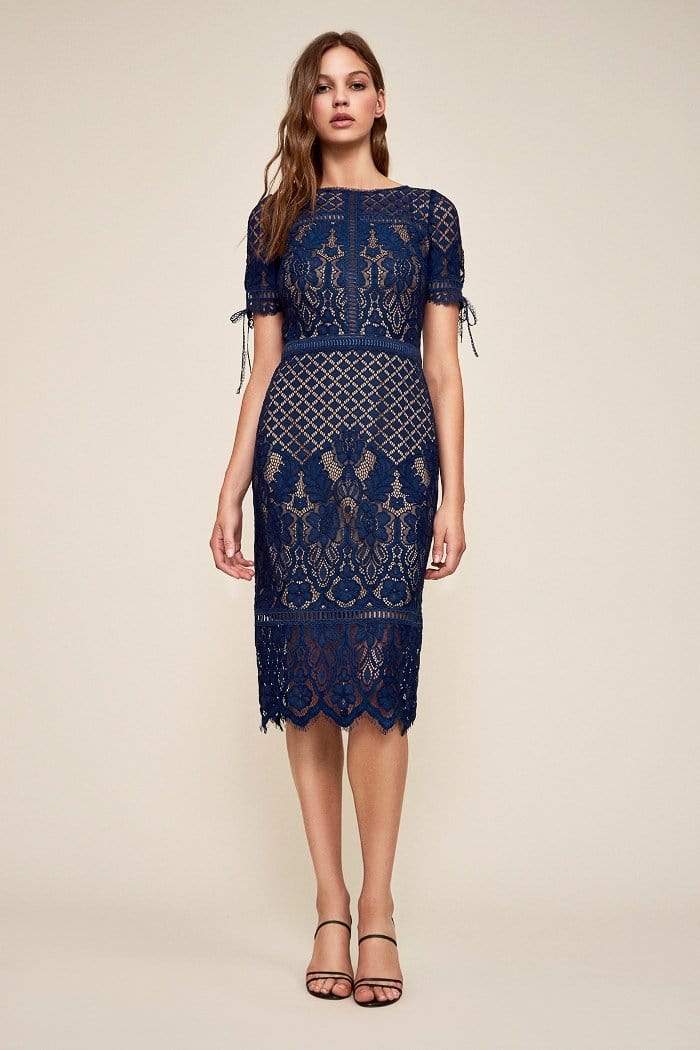 Tadashi Shoji - Lace Applique Bateau Sheath Dress Semi Formal 0 / Midnight/Nude