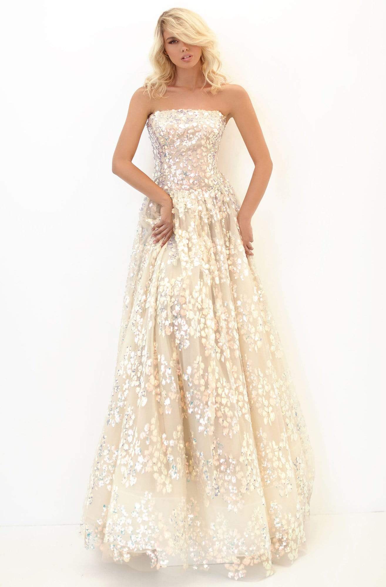 Tarik Ediz - 50730 Strapless Straight-Across Sequined Gown Prom Dresses 0 / Ivory