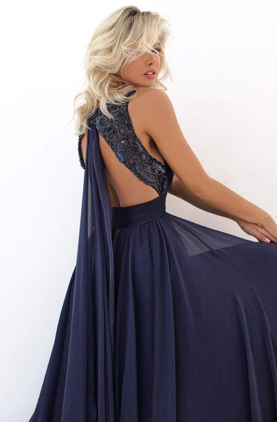 Tarik Ediz - 50678 Shirred Plunging Halter Chiffon A-Line Gown Evening Dresses