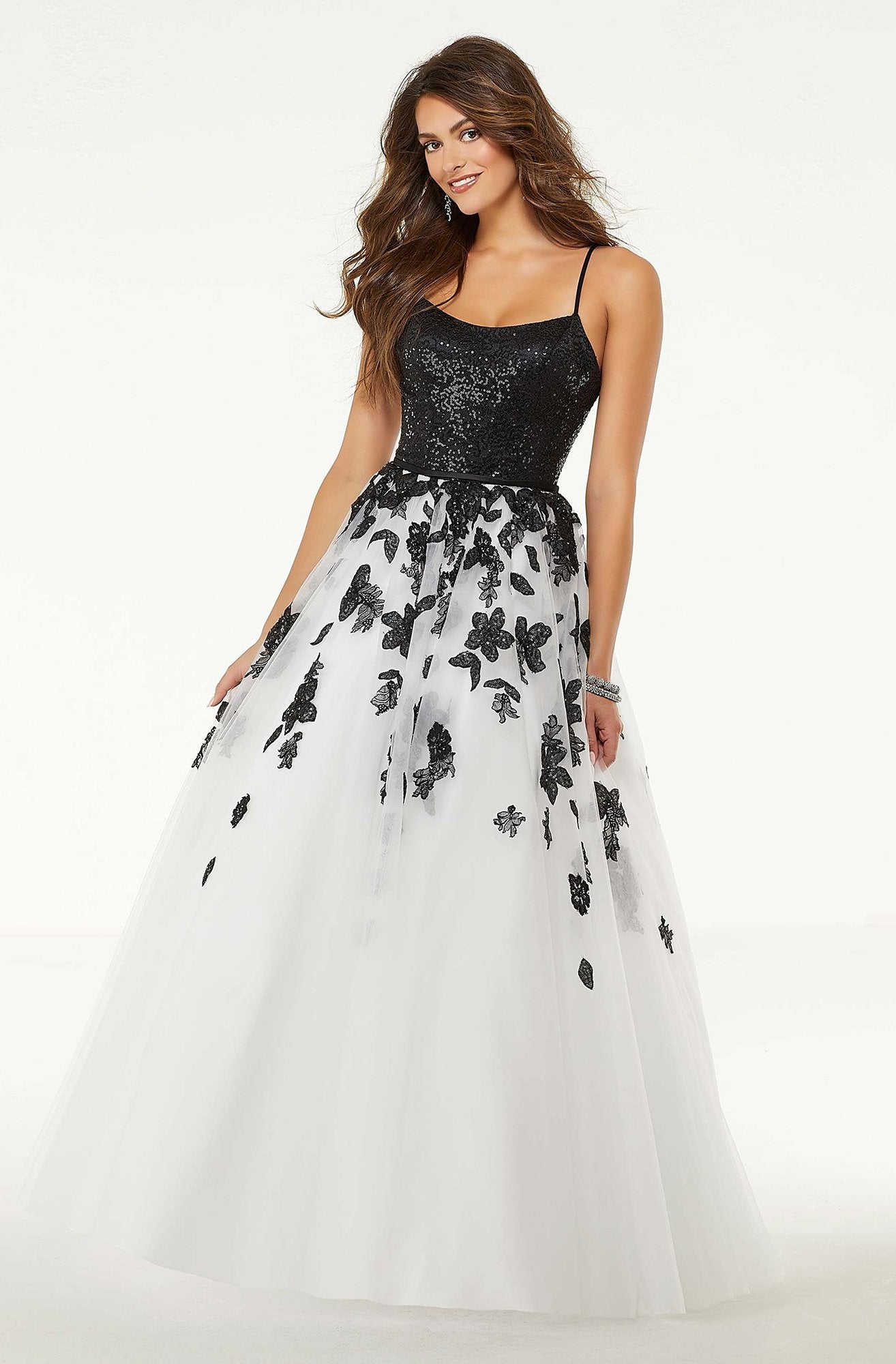 Mori Lee - 45026 Floral Embroidered and Sequined Long Dress In Black and White