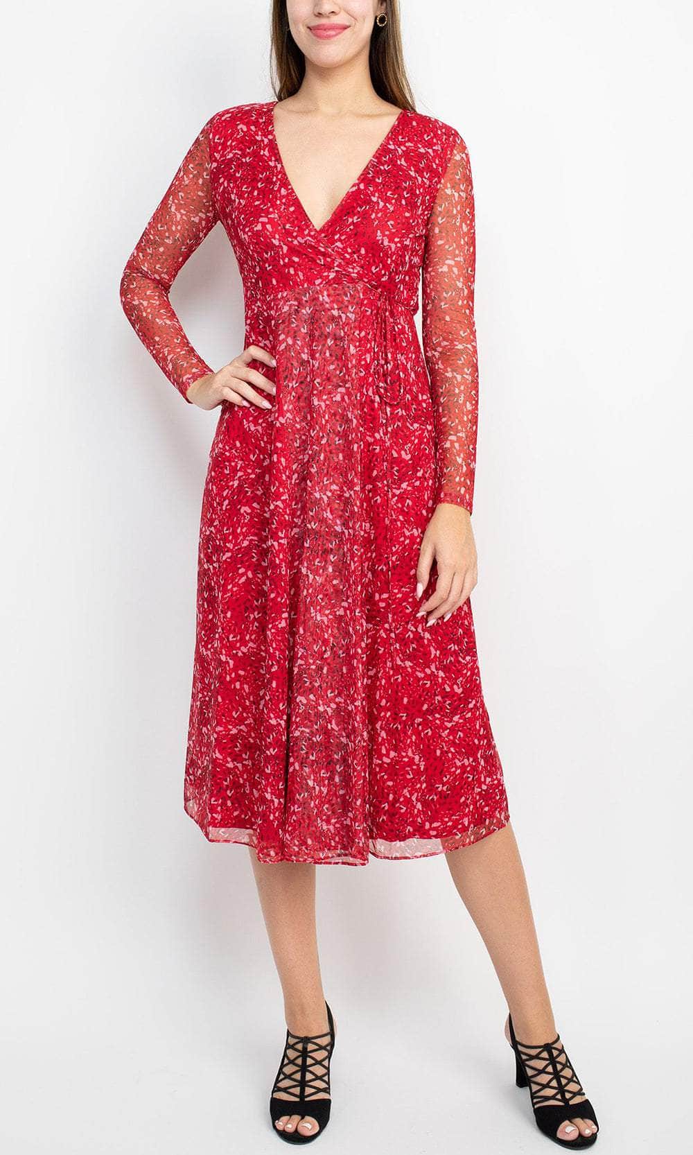 BCBG Generation GU05D32 - Long Sleeve Printed Casual Dress Cocktail Dresses 2 / Red Multi