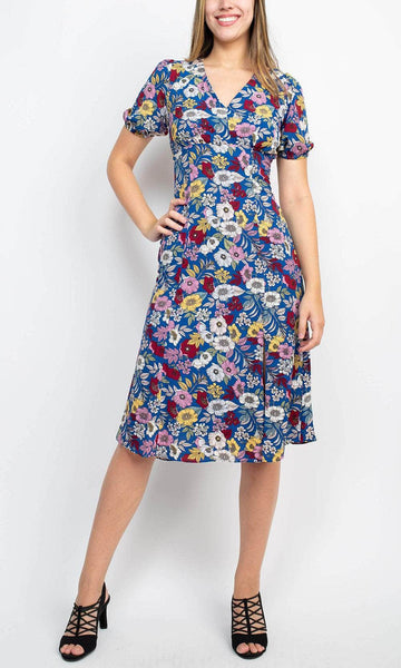BCBG Generation GU07D23 - Tea-Length Crepe A-Line Dress - Short Sleeve,  Floral Print, Front Slit, Full Back, Back Zipper  ADASA