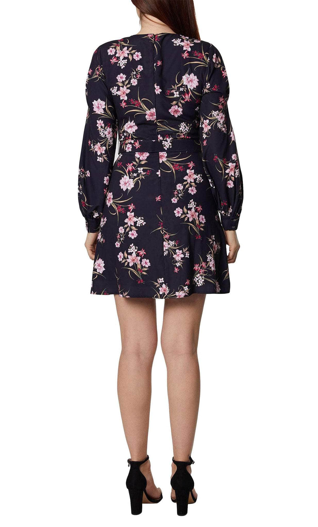 BCBG Generation GU07D37 - Short Woven A-Line Dress - Long Sleeves, Full Back, Back Zipper Closure, Belt, Seams, Floral Printed ADASA BCBG Generation GU07D37 - Short Woven A-Line Dress - Long Sleeves, Full Back, Back Zipper Closure, Belt, Seams, Floral Printed ADASA