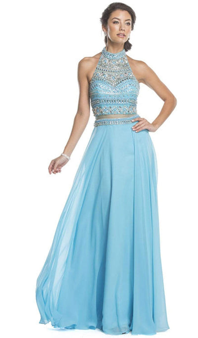 Beaded High Halter A-Line Evening Dress Dress XXS / Light Aqua