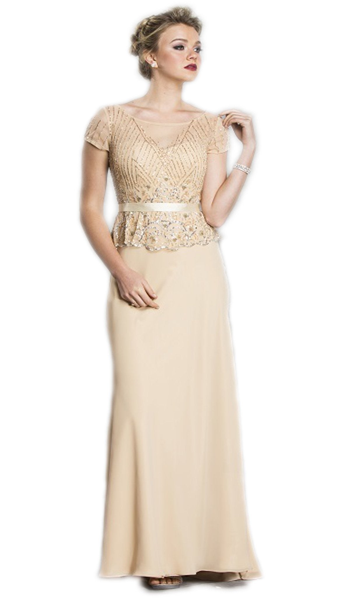 Beaded Sheer Peplum Evening Dress Dress XXS / Champagne