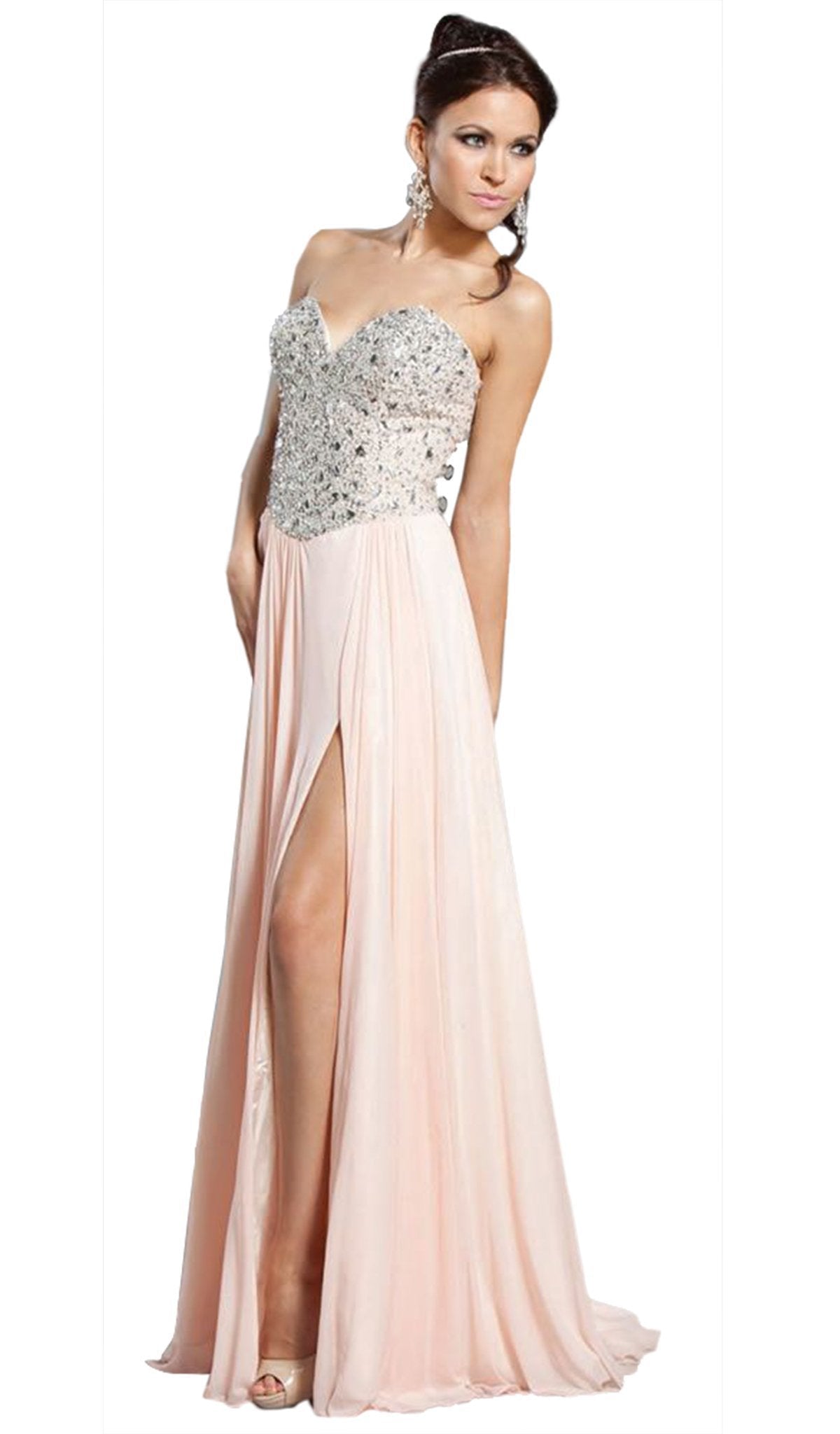 Beaded Sweetheart Jersey Gown with Slit Dress XXS / Pink