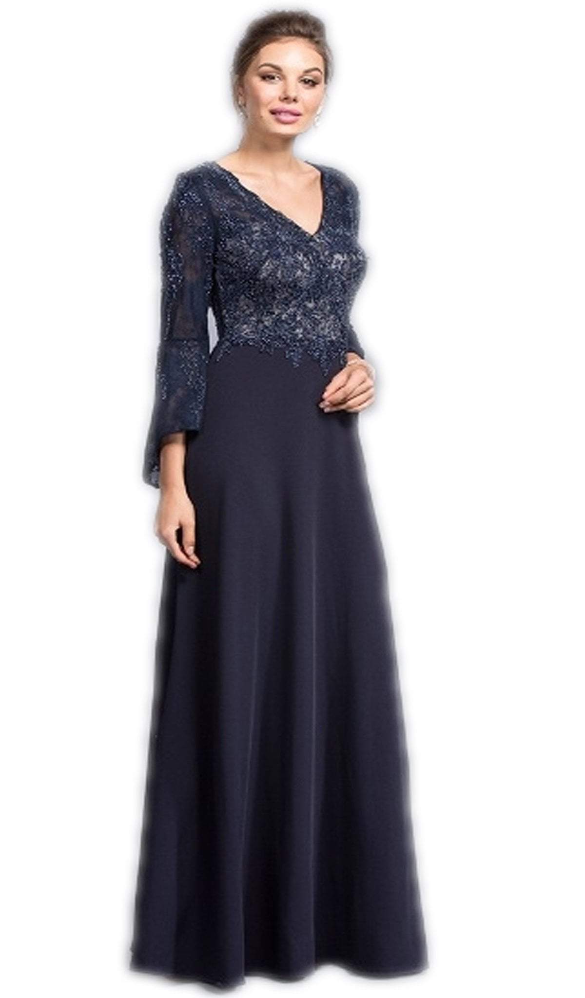Beaded Trumpet Sleeve Vneck A-line Evening Dress Evening Dresses XXS / Navy
