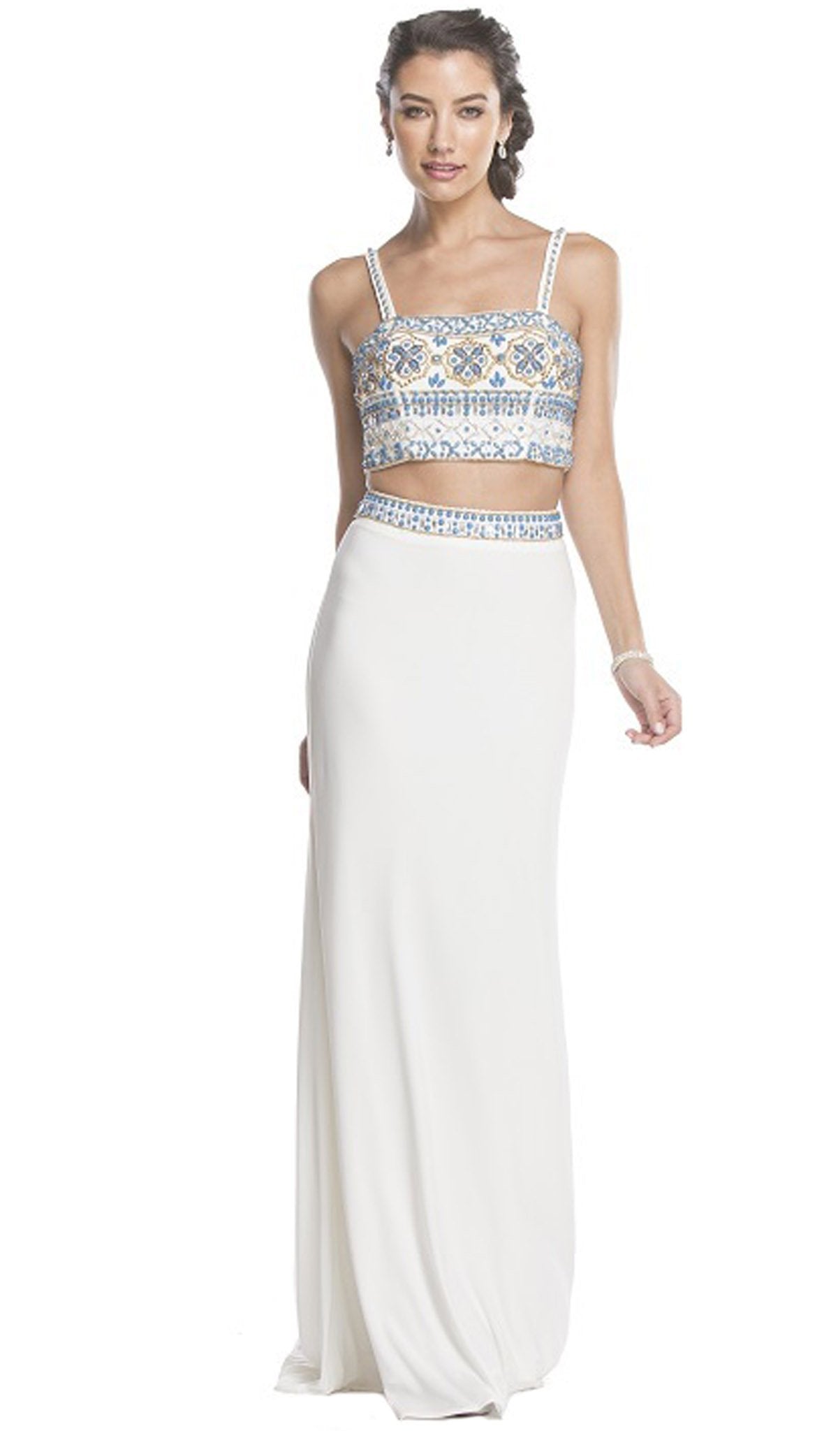 Beaded Two Piece Sheath Evening Dress Dress XXS / Off White-Turqoise