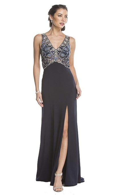 Beaded V-Neck Evening Gown with Slit Dress