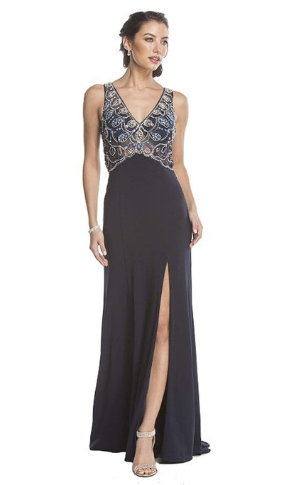 Beaded V-Neck Evening Gown with Slit Prom Dresses