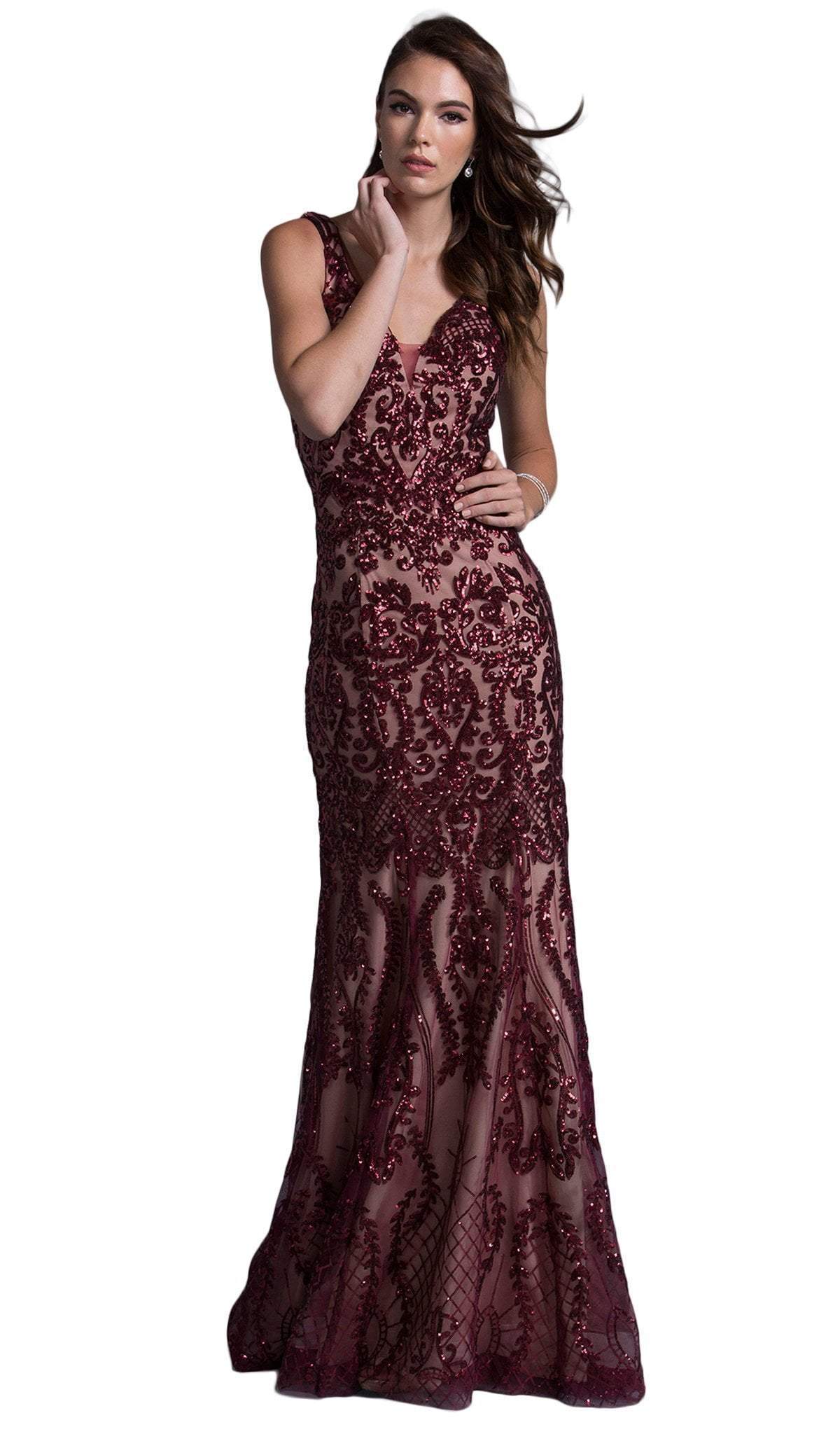 Beaded V-neck Fitted Prom Dress Dress XXS / Burgundy