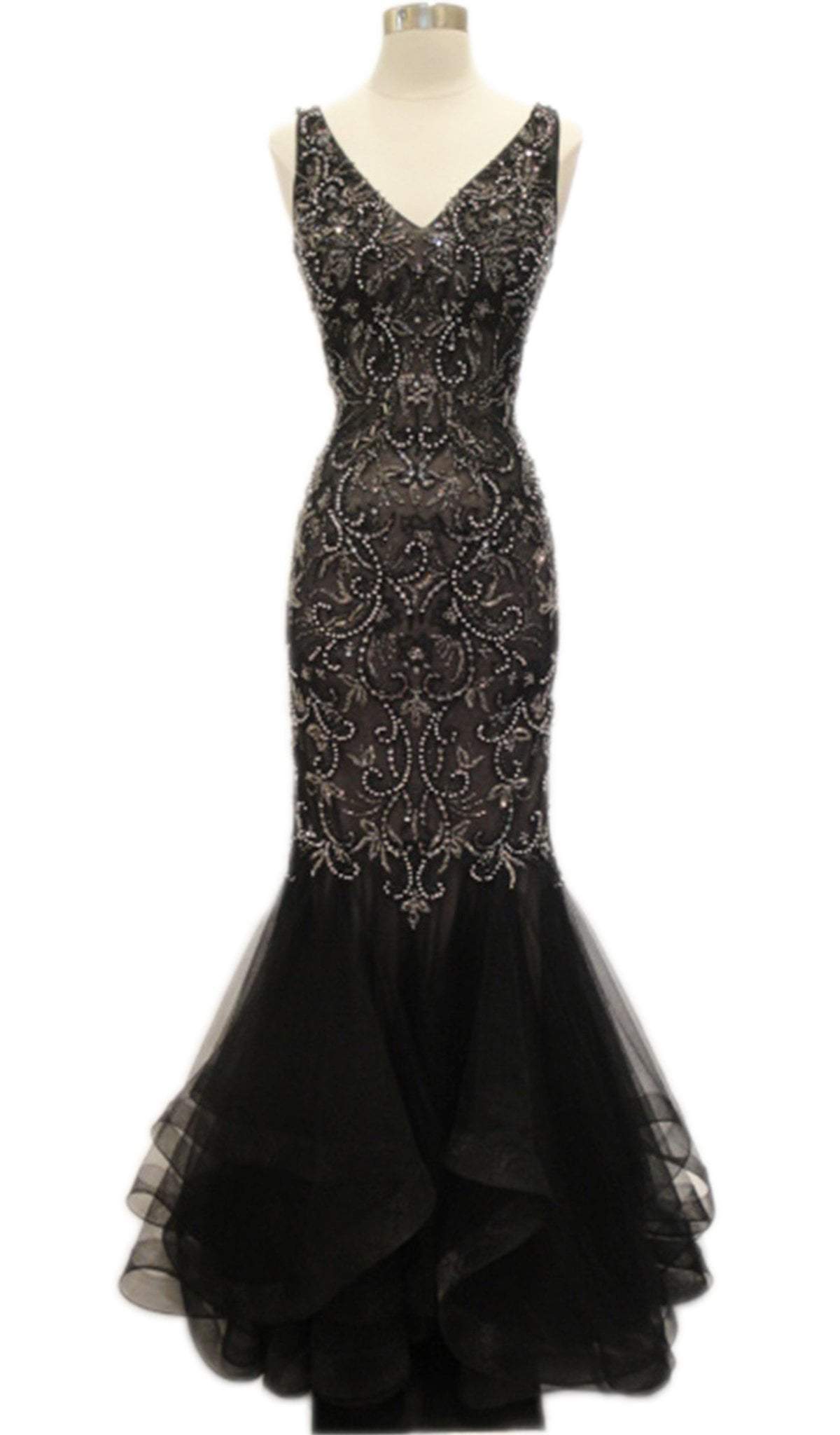 Beaded V-neck Trumpet Evening Dress Dress XXS / Black