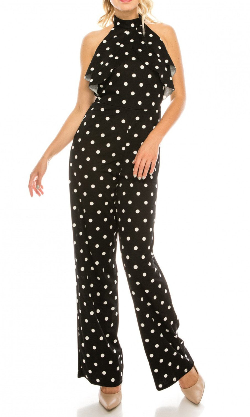 Bebe - 701144A Polka Dot Ruffled Halter Jumpsuit In Black