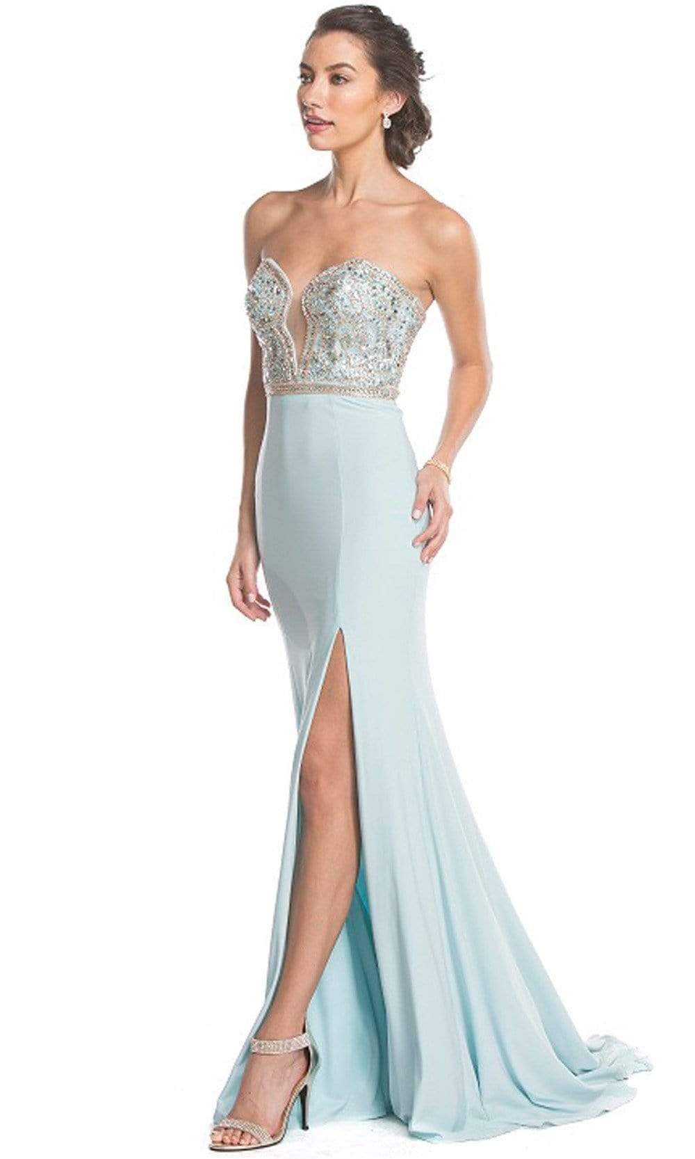 Aspeed Design - L1639SC  Embellished Deep Neckline Fitted Gown with Slit In Blue