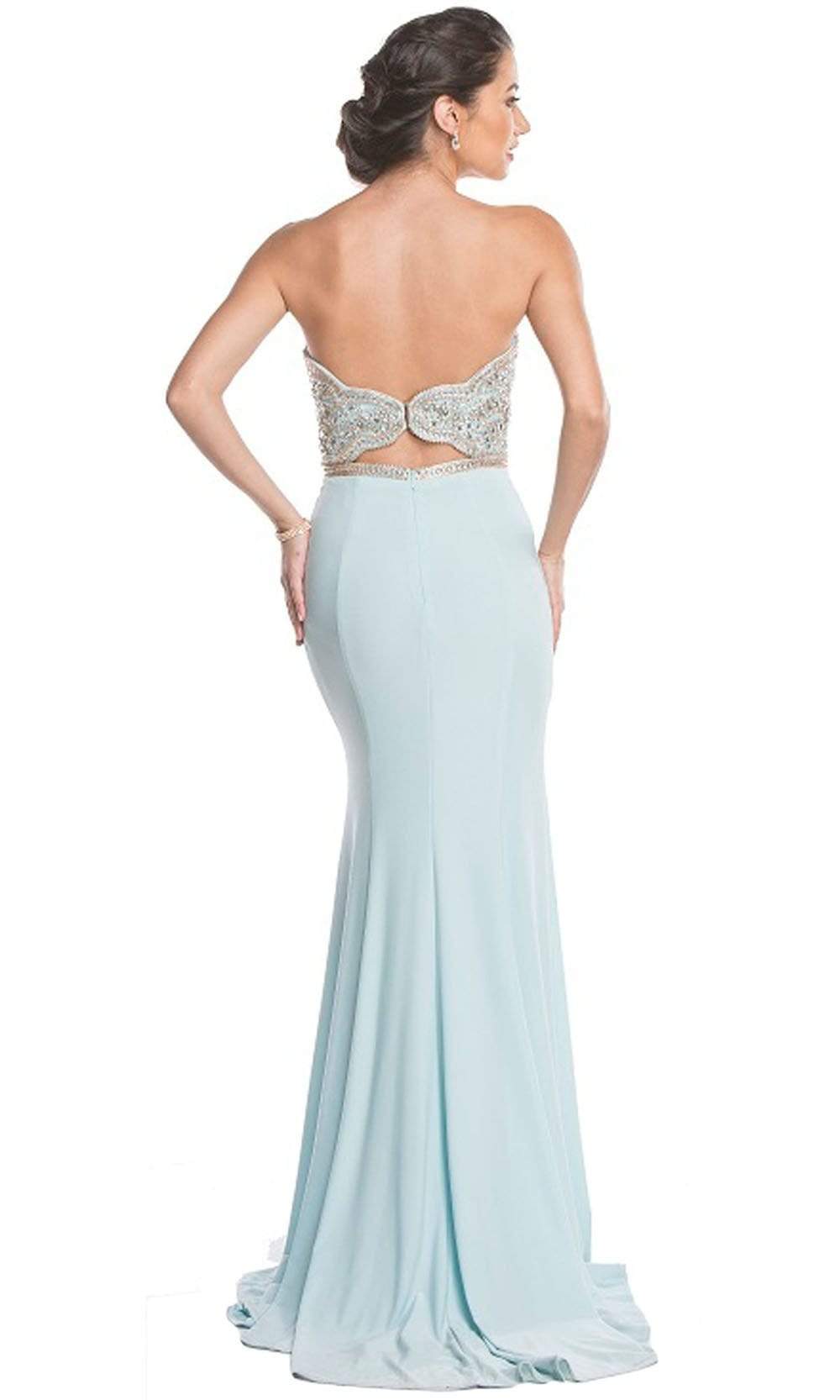 Aspeed Design - L1639SC  Embellished Deep Neckline Fitted Gown with Slit In Blue