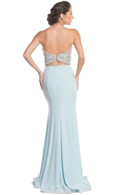 Aspeed Design - L1639SC  Embellished Deep Neckline Fitted Gown with Slit In Blue