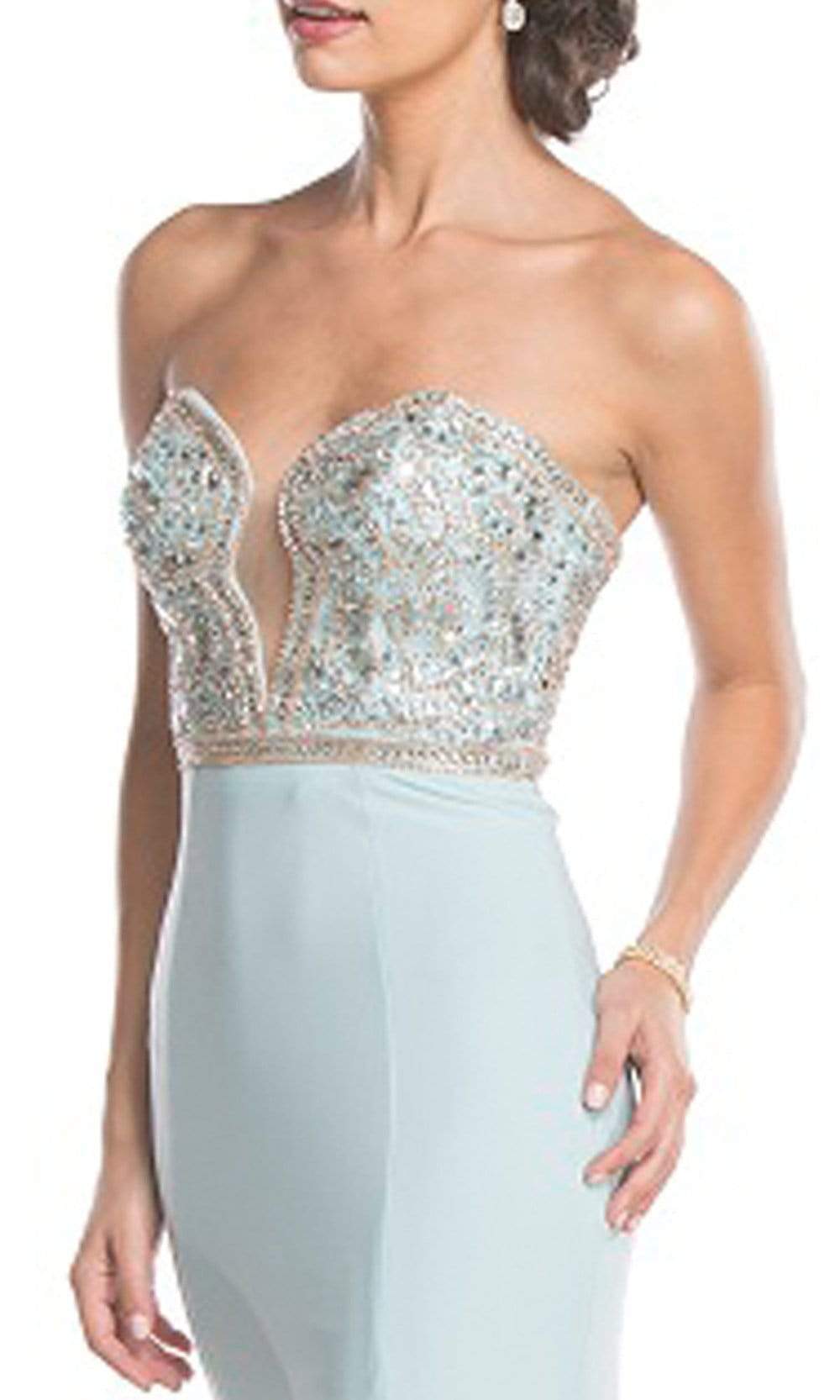 Aspeed Design - L1639SC  Embellished Deep Neckline Fitted Gown with Slit In Blue
